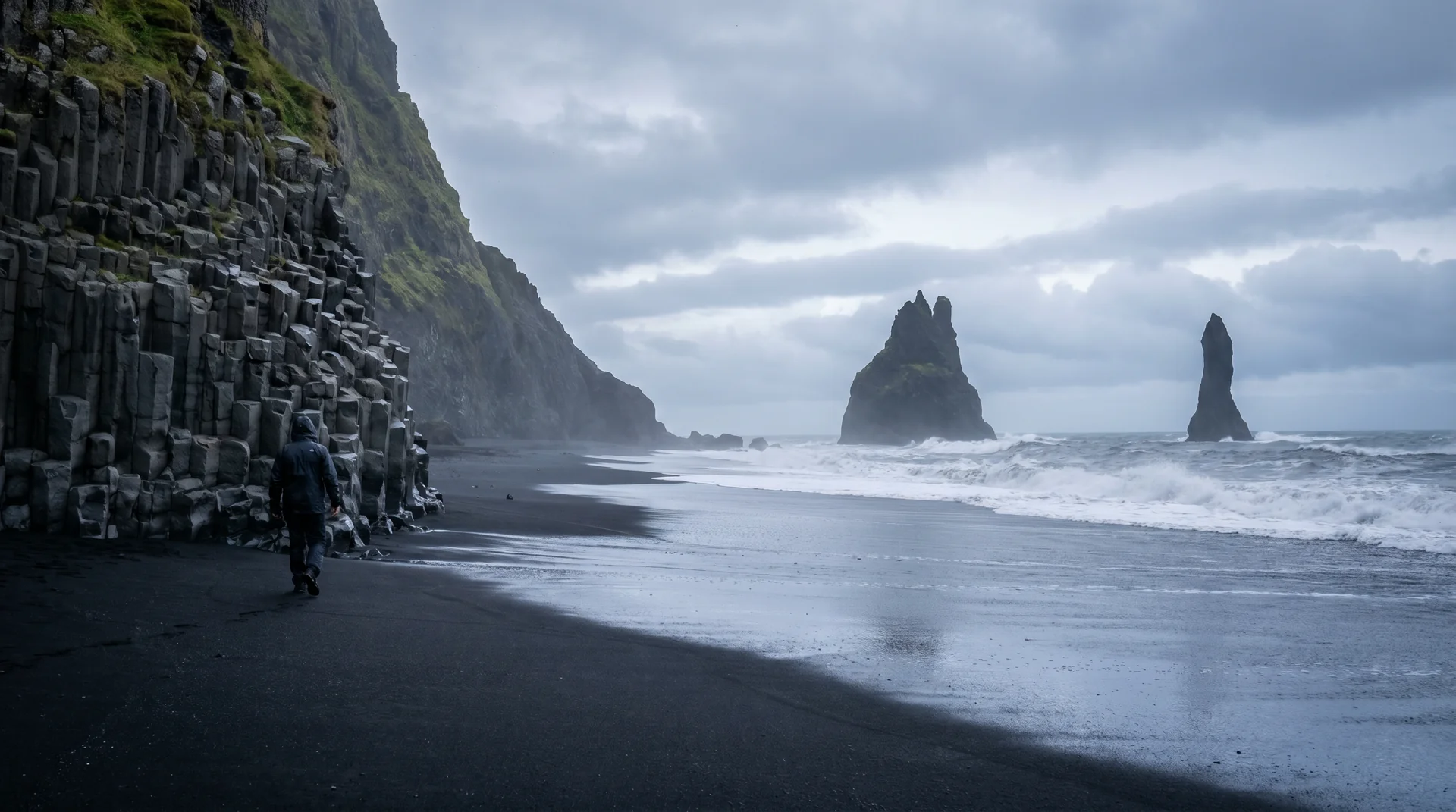 On the black sand coast, after rain.